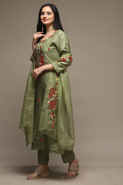 Green Silk Blend Hand Embroidered Unstitched Suit Set image number 5