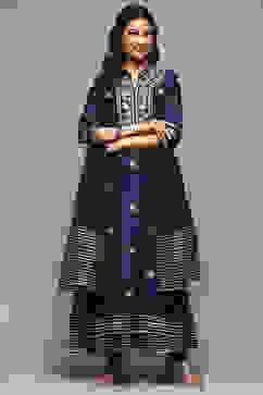 Navy Cotton Blend Layered Kurta Churidar Suit Set image number 8