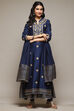 Navy Cotton Blend Layered Kurta Churidar Suit Set image number 8