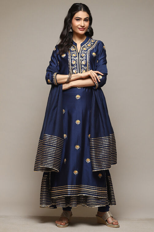 Navy Cotton Blend Layered Kurta Churidar Suit Set image number 8