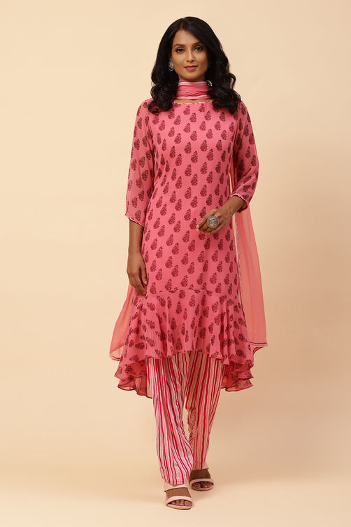 Pink Art Silk Asymmetric Kurta Salwar Suit Set image number 4