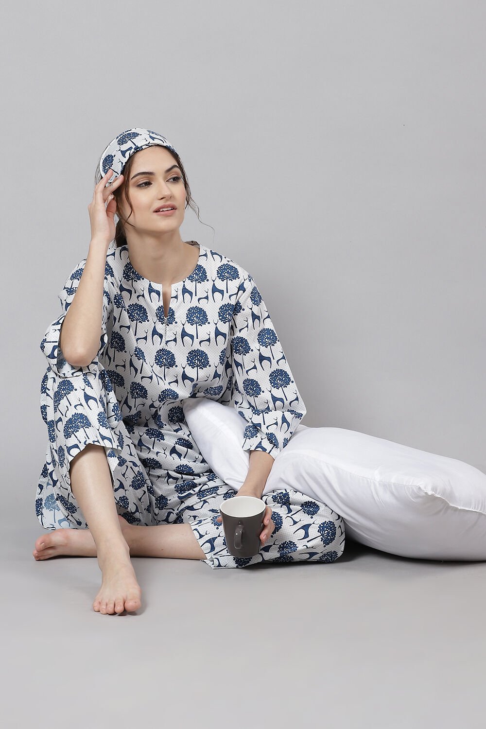 Off White Straight Cotton Three Piece Printed Sleepwear Set