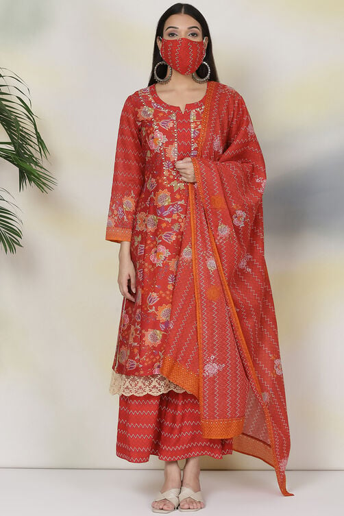 Red Cotton Silk Double Layered Kurta Flared Palazzo Suit Set image number 7