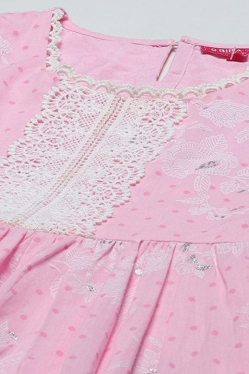 Pink Cotton Floral Printed Gathered Peplum Suit Set image number 1