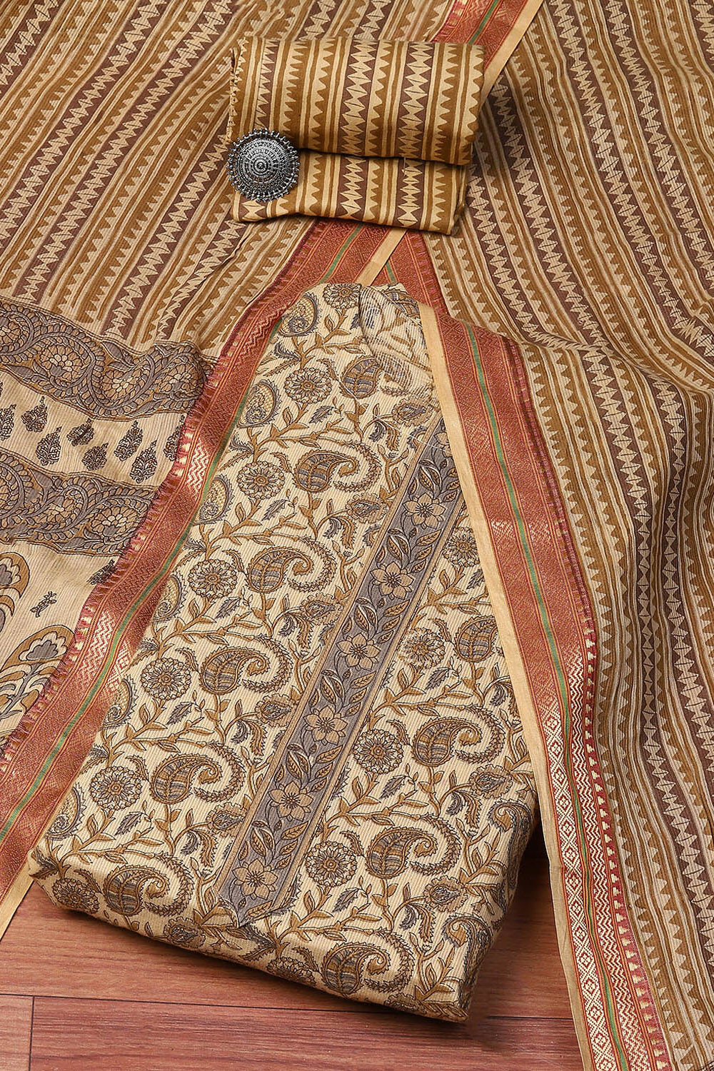 Coffee Brown Cotton Machine Embroidered Unstitched Suit Set image number 0