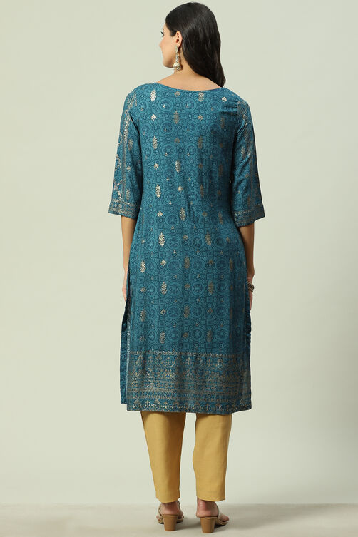 Teal Rayon Straight Printed Kurta image number 3