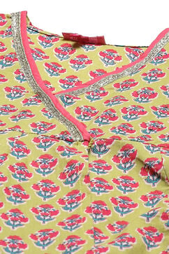 Lime Green & Pink Cotton Front Open Printed Kurta Palazzo Suit Set image number 1