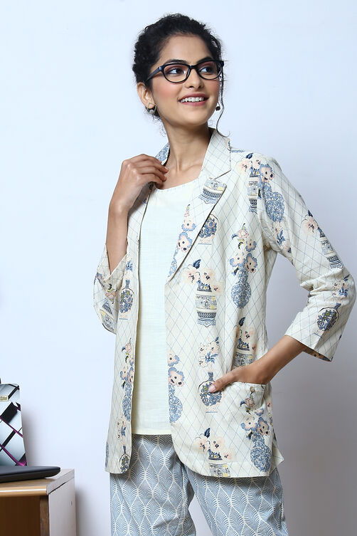 Off White Cotton Blazer Printed Top image number 6