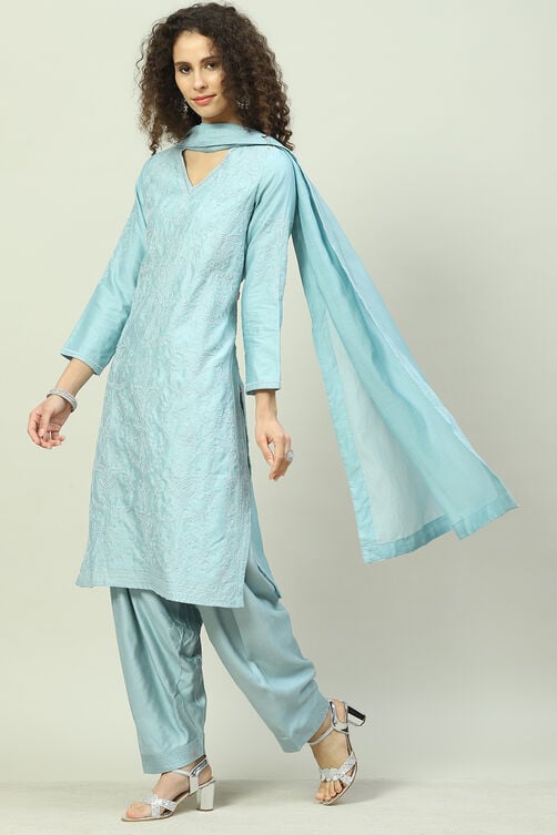 Powder Blue Cotton Blend Straight Kurta Salwar Pant Suit Set image number 6