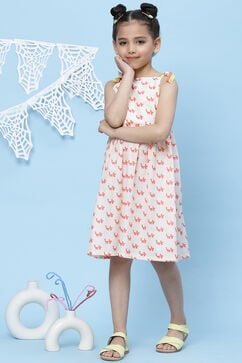 Off White Cotton A-Line Printed Dress image number 2