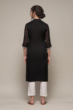 Black Polyester Straight Yarndyed Kurta image number 4