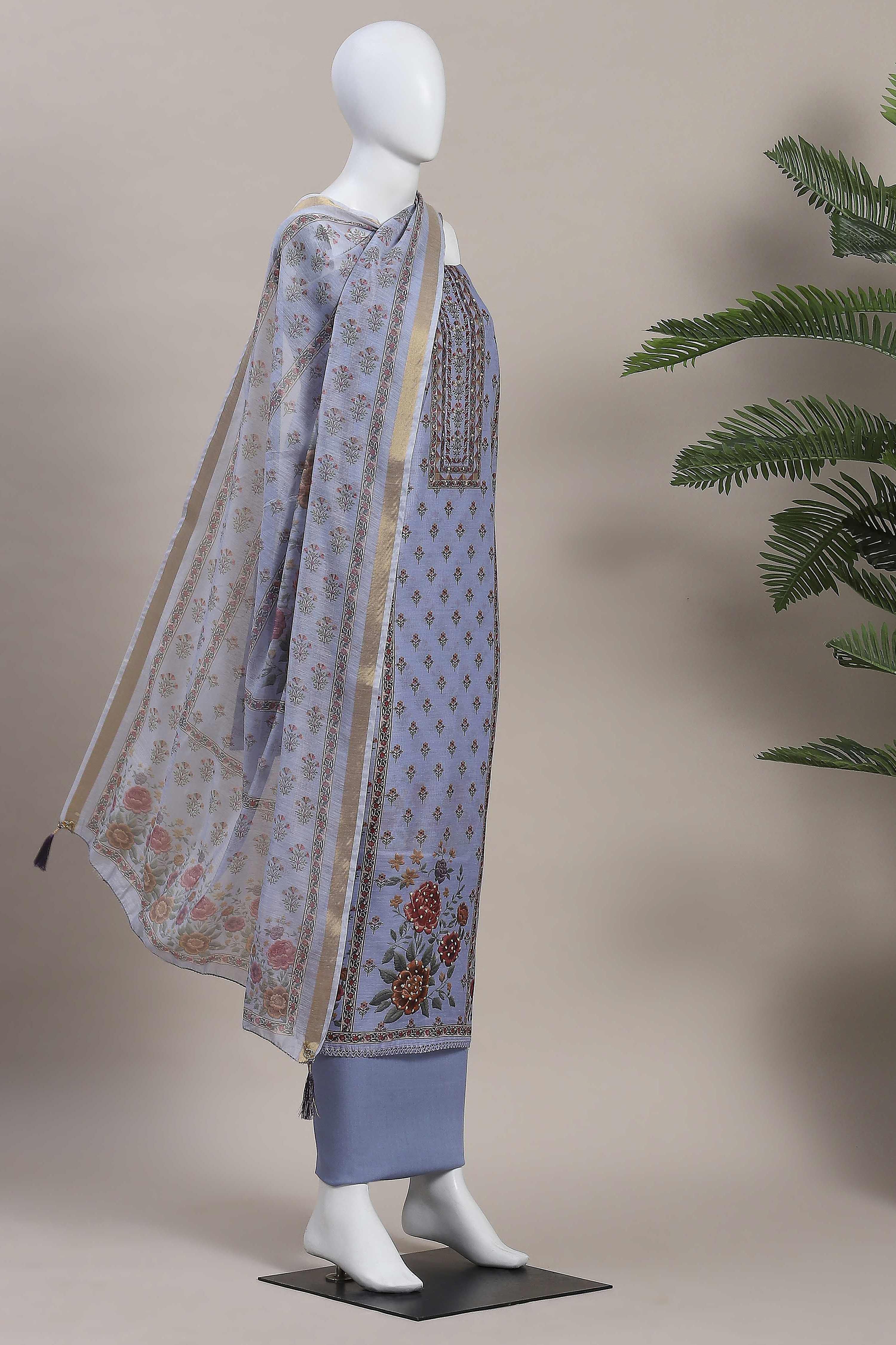 Lavender Muslin Rajasthani Print Unstitched Suit Set image number 4