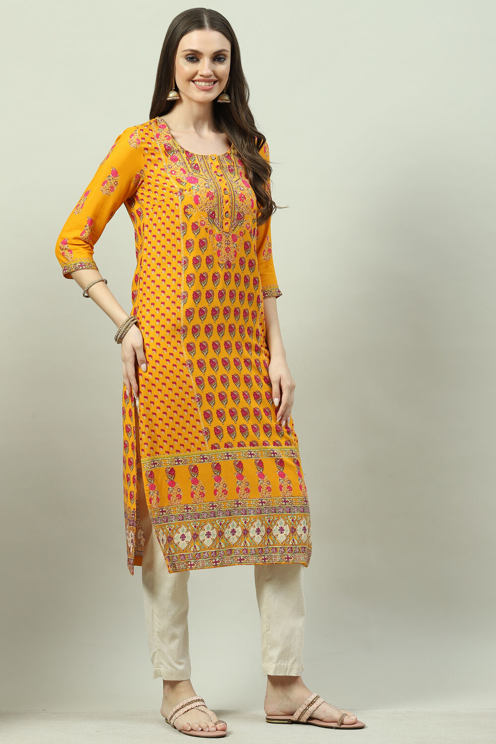 Mustard LIVA Straight Printed Kurta image number 3