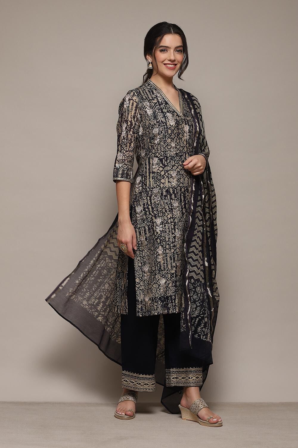 Indigo Cotton Blend Kalidar Printed Kurta Palazzo Suit Set image number 6
