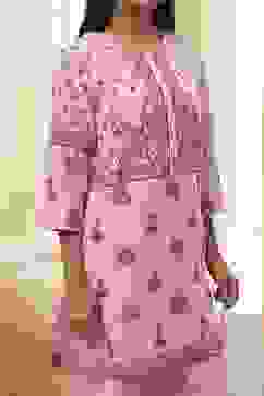Light Pink Cotton Floral Straight Kurta Set image number 2
