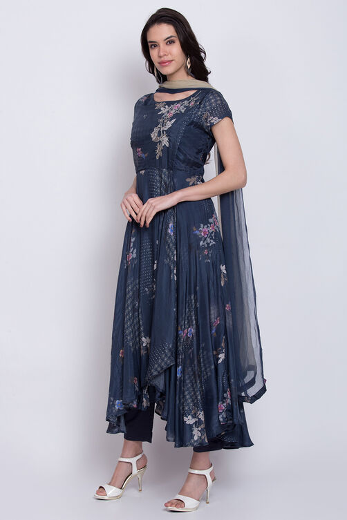 Navy Blue Cotton Silk Flared Kurta Slim Pant Suit Set image number 2