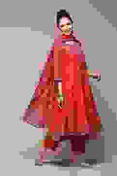 Red Cotton Anarkali Kurta Palazzo Suit Set image number 6