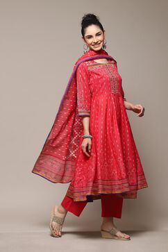 Red Cotton Anarkali Kurta Palazzo Suit Set image number 6