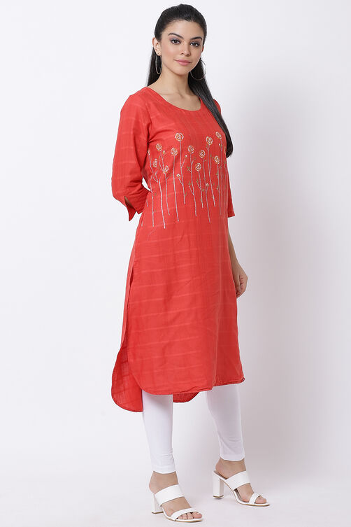 Red Cotton Straight Printed Kurta image number 3