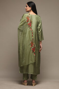 Green Silk Blend Hand Embroidered Unstitched Suit Set image number 6