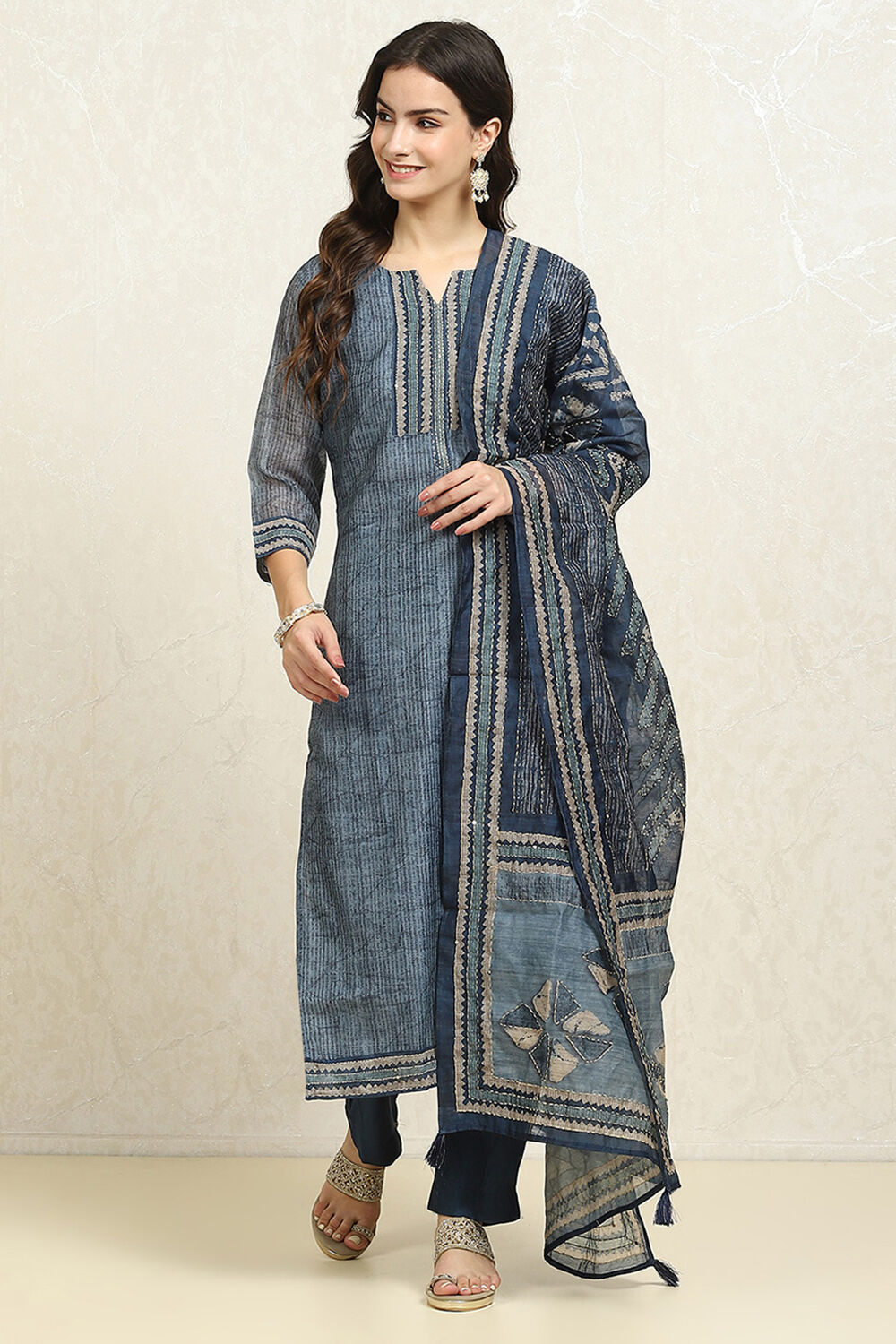 Grey Chanderi Blend Printed Unstitched Suit Set image number 7
