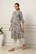 Grey & White Cotton Floral Printed Straight Kurta image number 2
