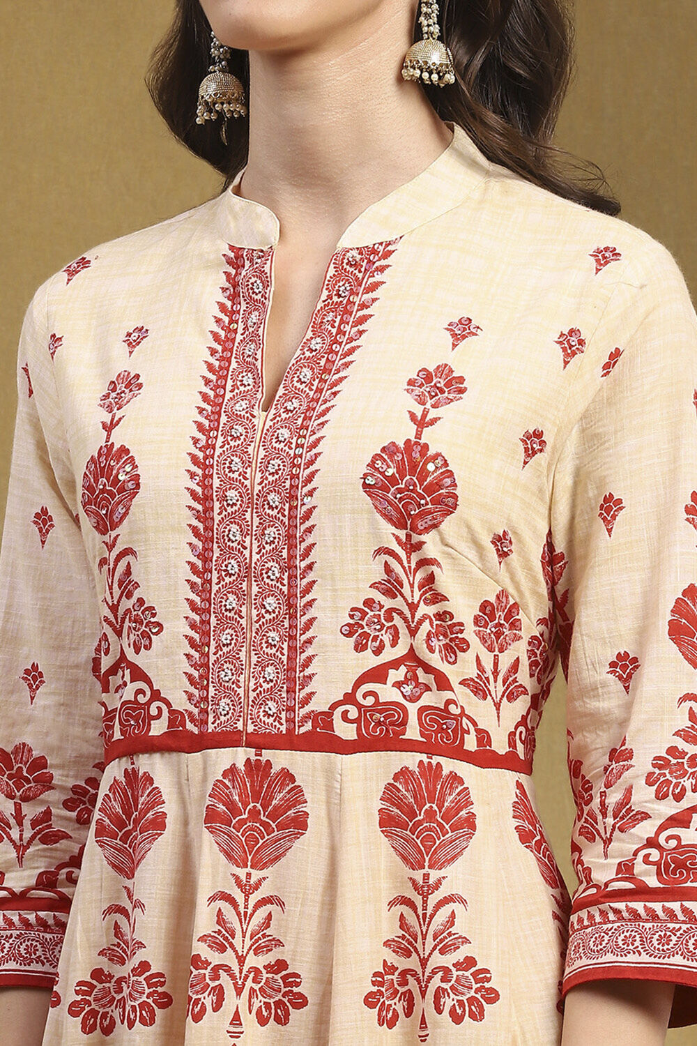 Ecru and Rust Cotton Printed Anarkali Kurta Set image number 1