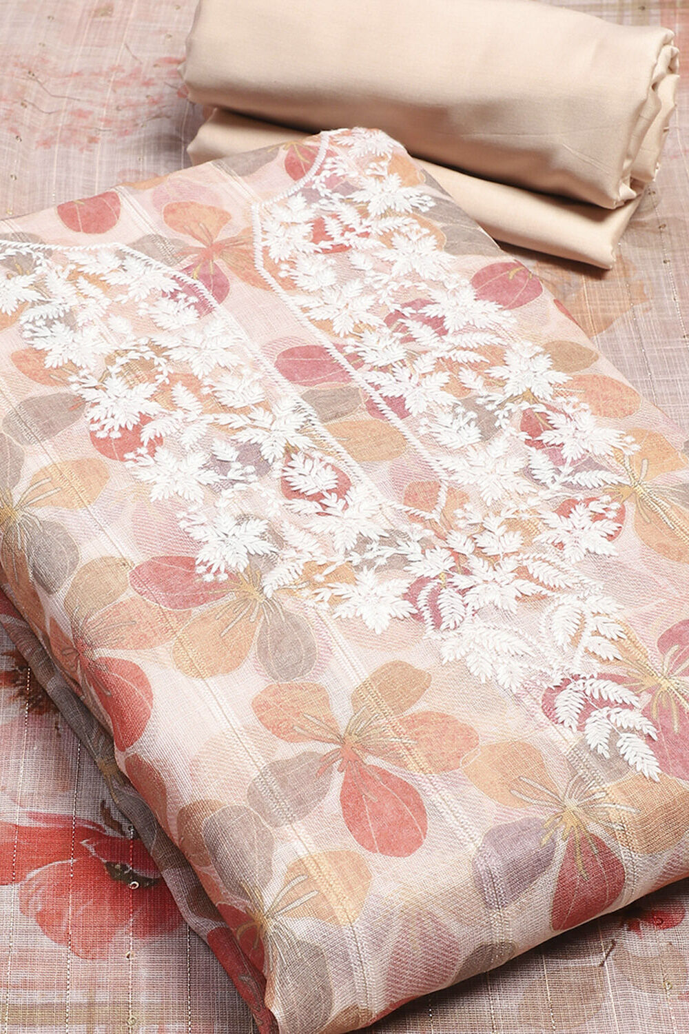 Peach-Colored Cotton Blend Unstitched Suit Set image number 4