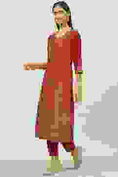 Maroon Art Silk Straight Kurta Slim Pants Suit Set image number 3