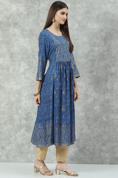 Blue Rayon A-Line Printed Kurta image number 3