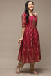 Wine Cotton Flared Printed Kurta image number 3