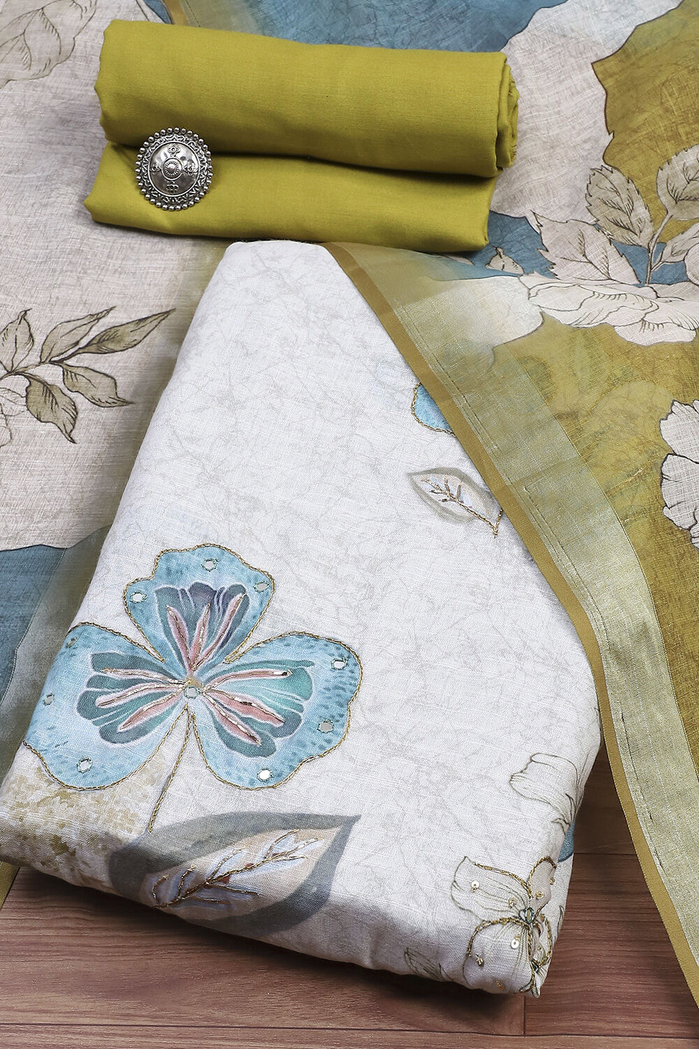 Light Green Linen Embroidered Unstitched Suit Set image number 0