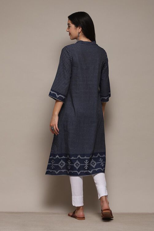 Navy Cotton Straight Yarndyed Kurta image number 3