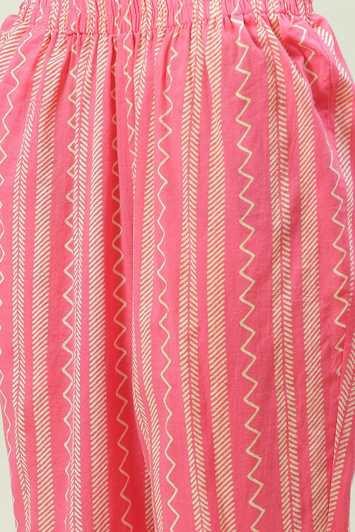 Pink Cotton Screen Print Unstitched Suit Set image number 2