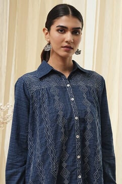 Blue Cotton Blend High-Low Straight Shirt image number 1