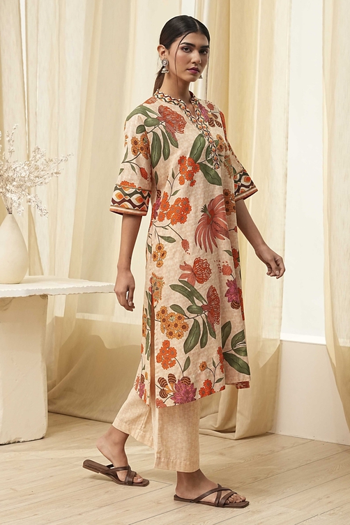 Beige Cotton Blend Straight Kurta Set image number 5