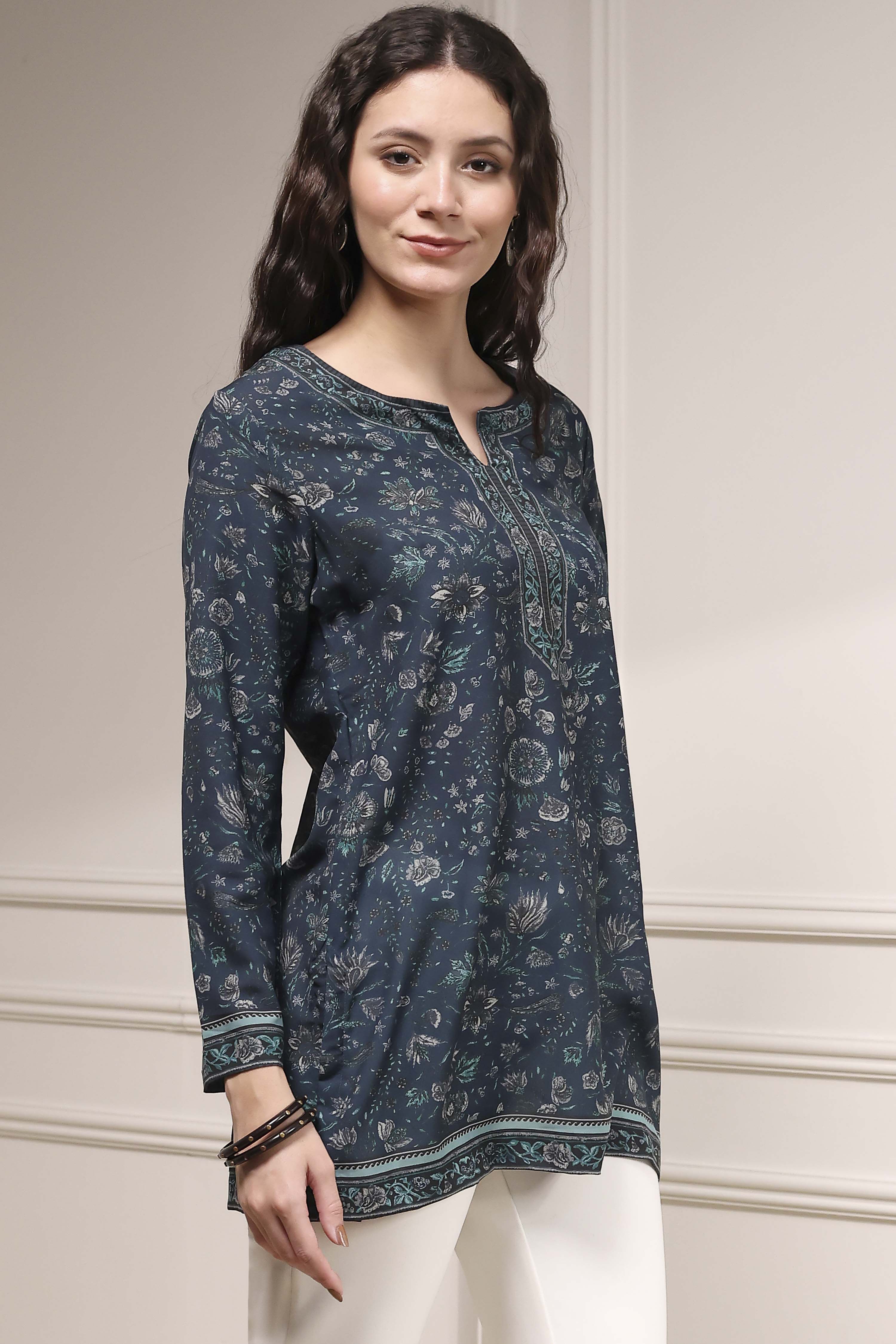 Blue Printed Straight Short Kurta image number 4