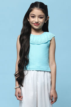 Blue Sleeveless Top With Schiffli Lace Detail image number 5