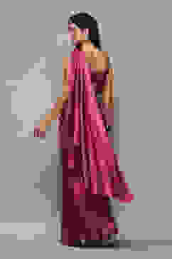 Plum Pre-Draped Saree & A Stitched Blouse With Floral Prints image number 4