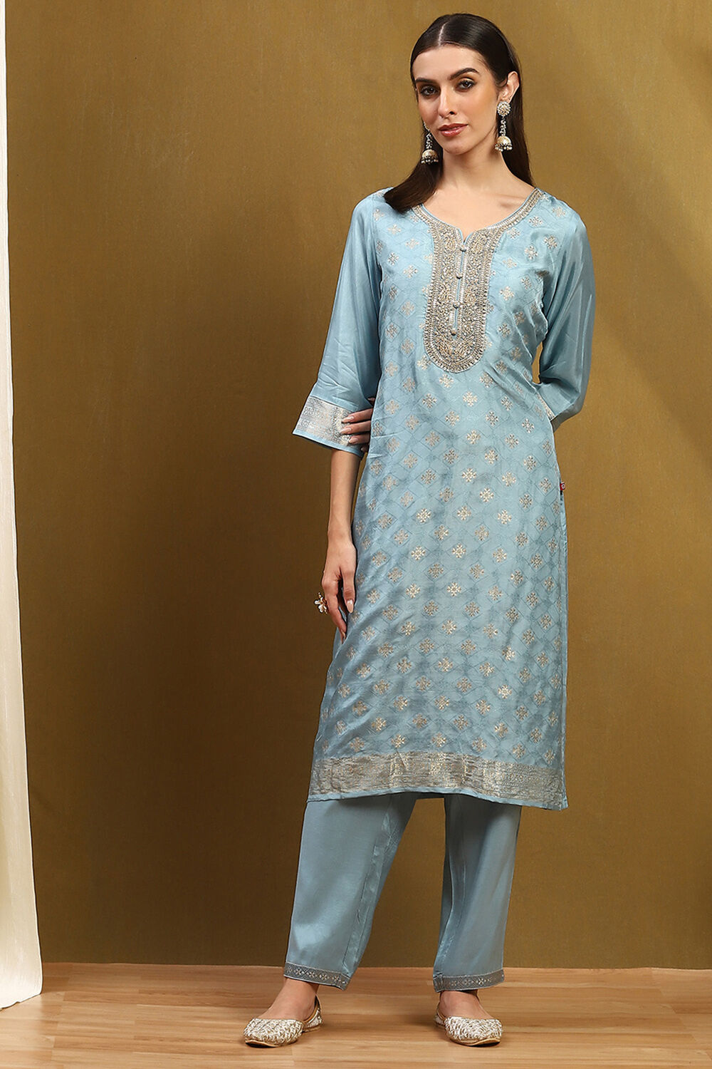 Blue Viscose Blend Yarn Dyed Straight Suit Set image number 8