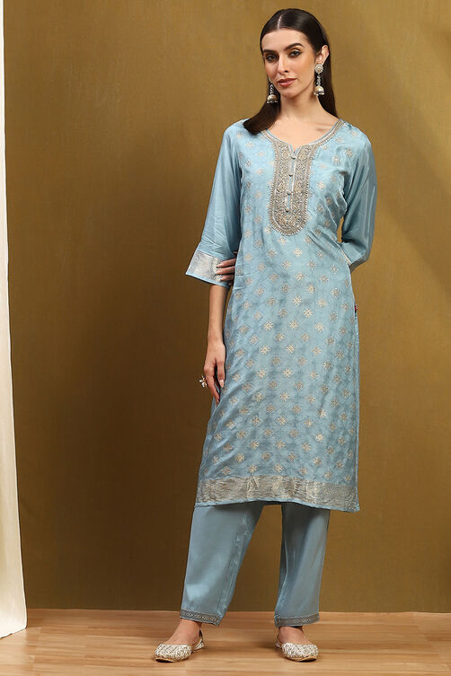 Blue Viscose Blend Yarn Dyed Straight Suit Set image number 8