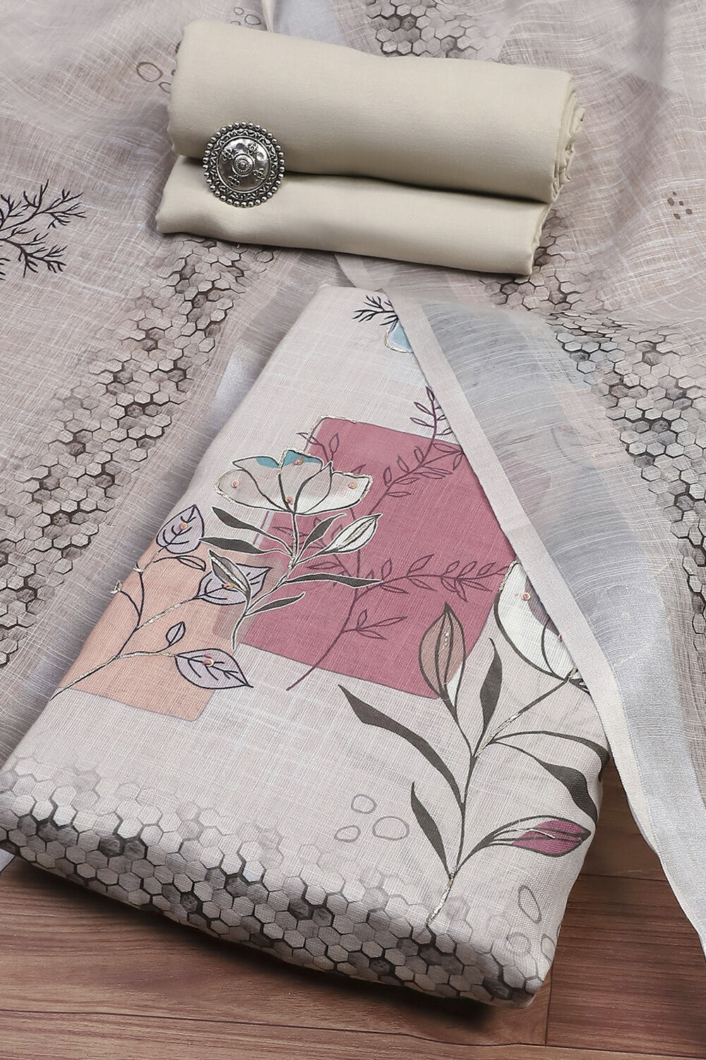 Wine Linen Blend Machine Embroidered Unstitched Suit Set image number 0