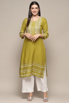 Lime Green Rayon flax Relaxed Kurta Palazzo Suit Set image number 6