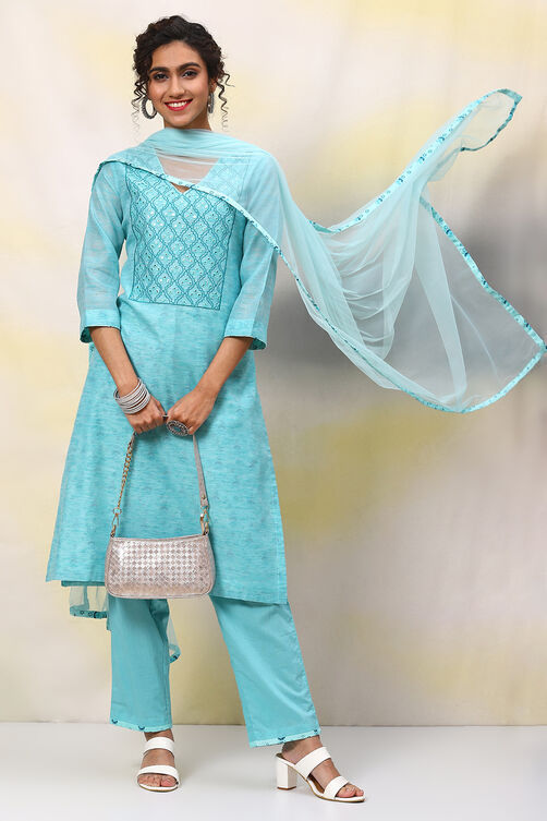 Blue Poly Cotton Straight Kurta Regular Pant Suit Set image number 7