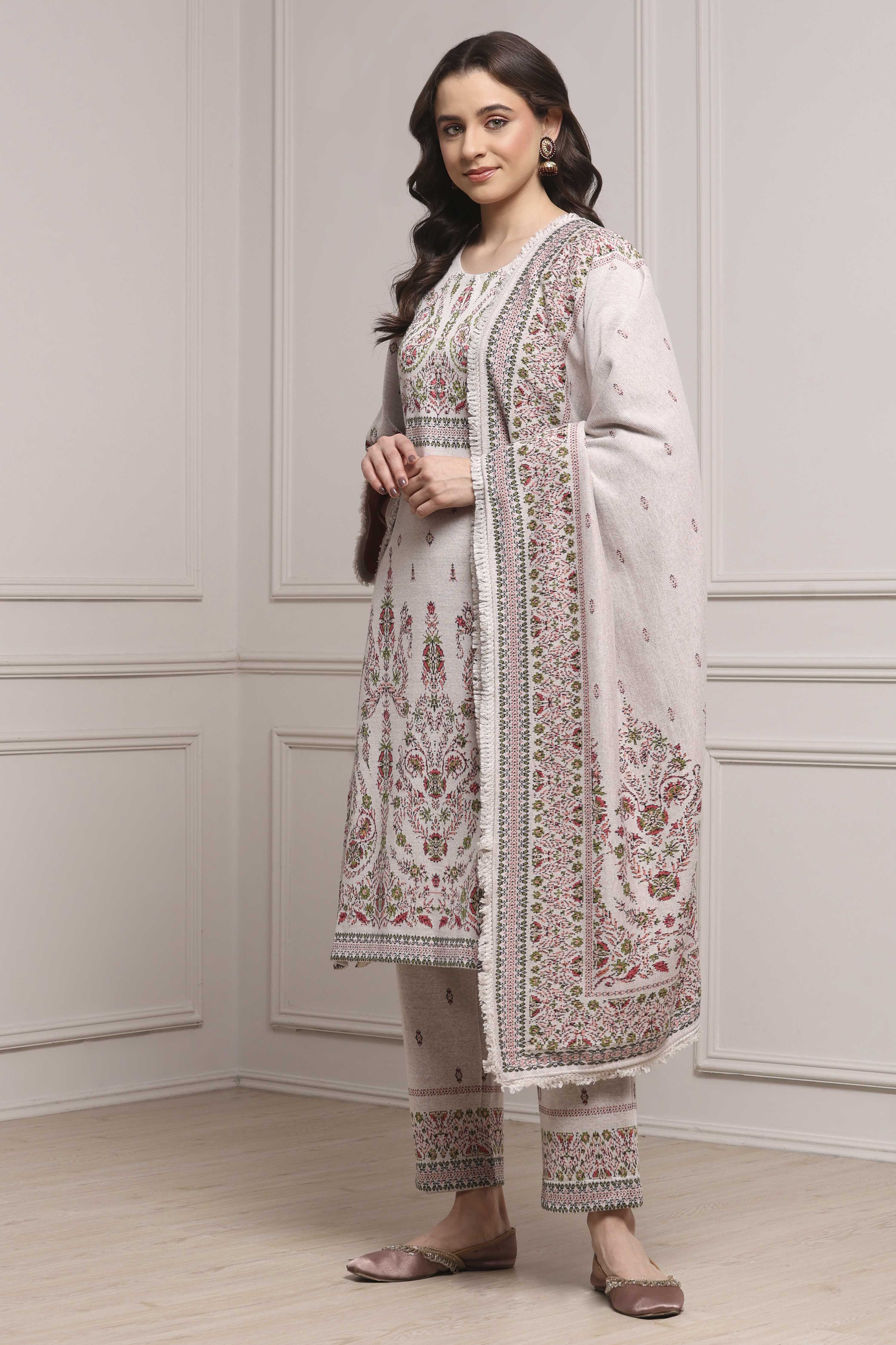 Ivory Printed Straight Winter Suit Set image number 3