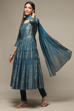 Teal Cotton Anarkali Kurta Churidar Suit Set image number 5