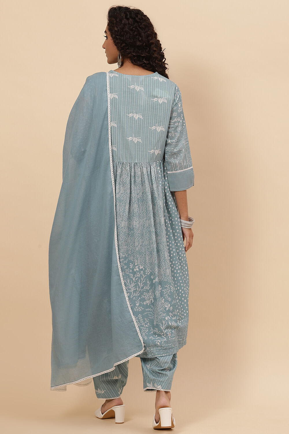 Steel Blue Cotton A-Line Kurta Cross Yoke Salwar Suit Set image number 4