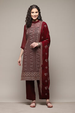 Wine Georgette Hand Embroidered Unstitched Suit Set image number 1