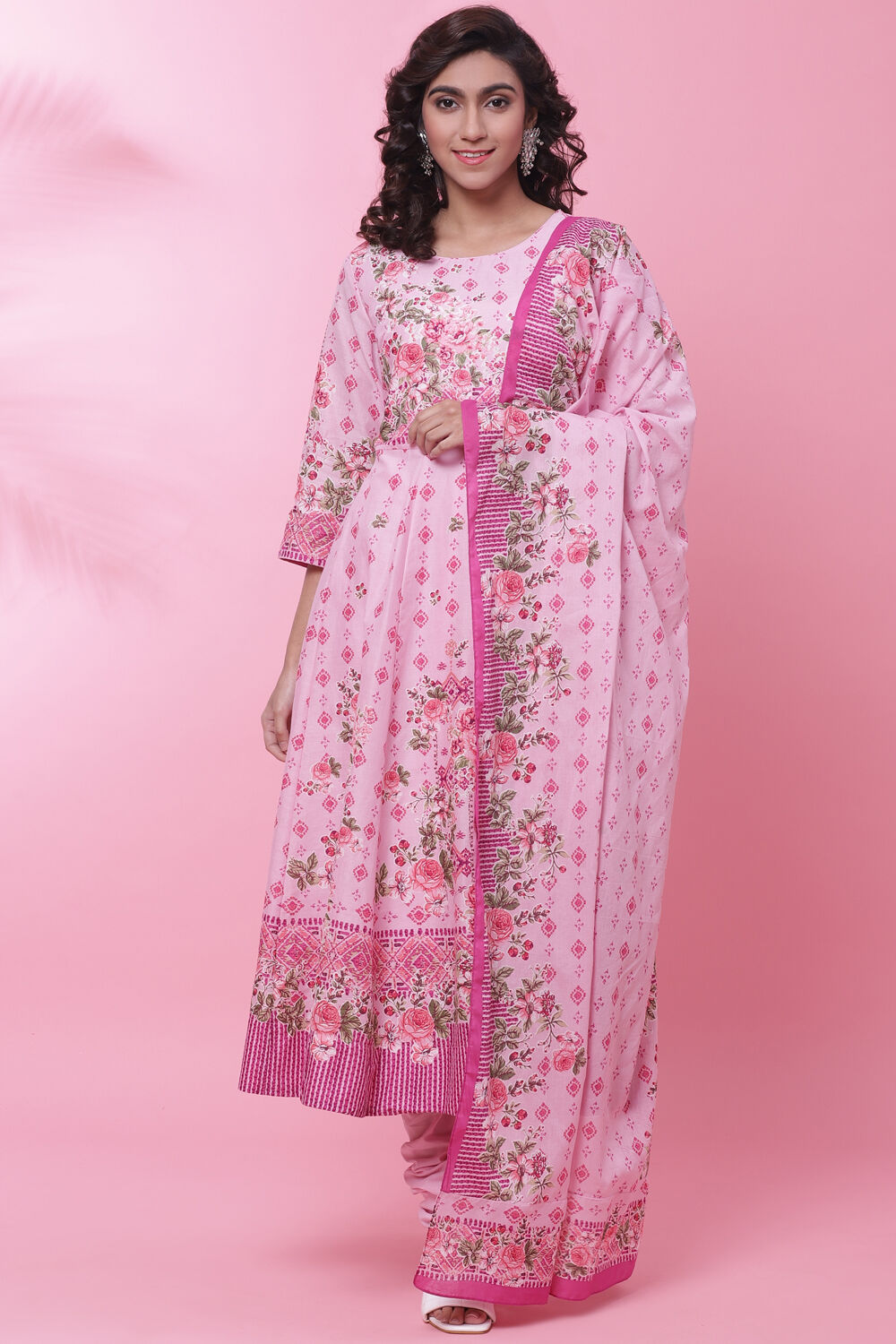 Pink Cotton Anarkali Kurta Churidar Suit Set