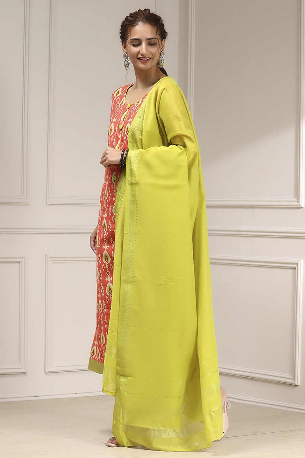 Orange Cotton Digital Print Unstitched Suit Set image number 4